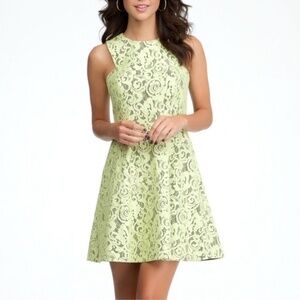 Bebe Lace Overlay Sunny Lime Yellow Sleeveless Fit and Flare Dress Size M